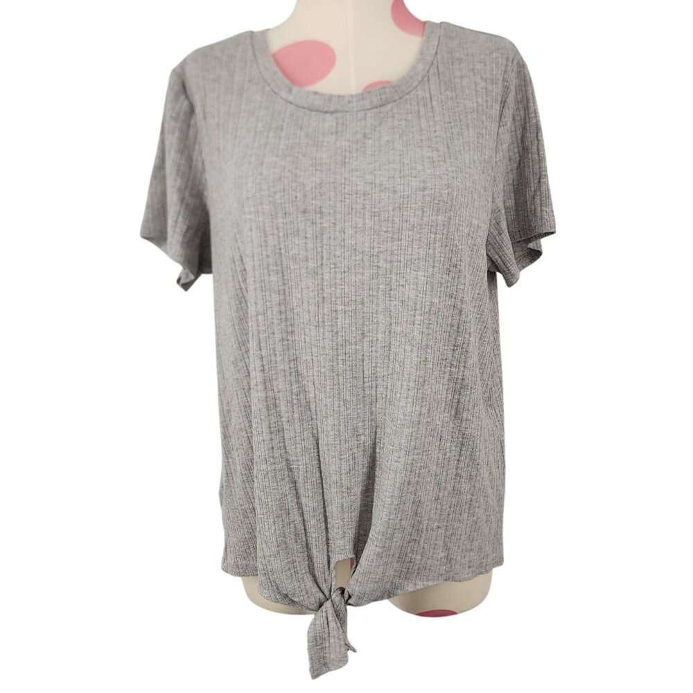 Women's Sweet Tea's by Pink Rose Gray Ribbed Tied Front Blouse Shirt XL Cropped